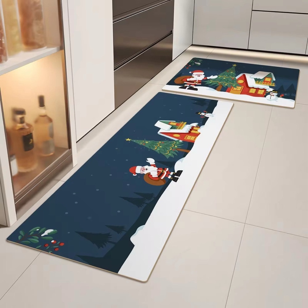2Pcs Christmas Kitchen Mat Set Santa Claus Non Slip Rug Holiday Floor Decor